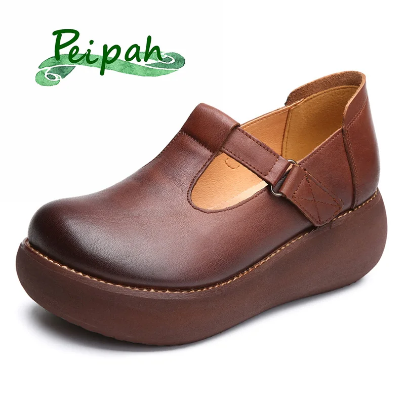 

PEIPAH Handmade Genuine Leather Women's Shoes Spring Casual Shoes British Wind Wild Thick Bottom Layer Cowhide Zapatillas Mujer
