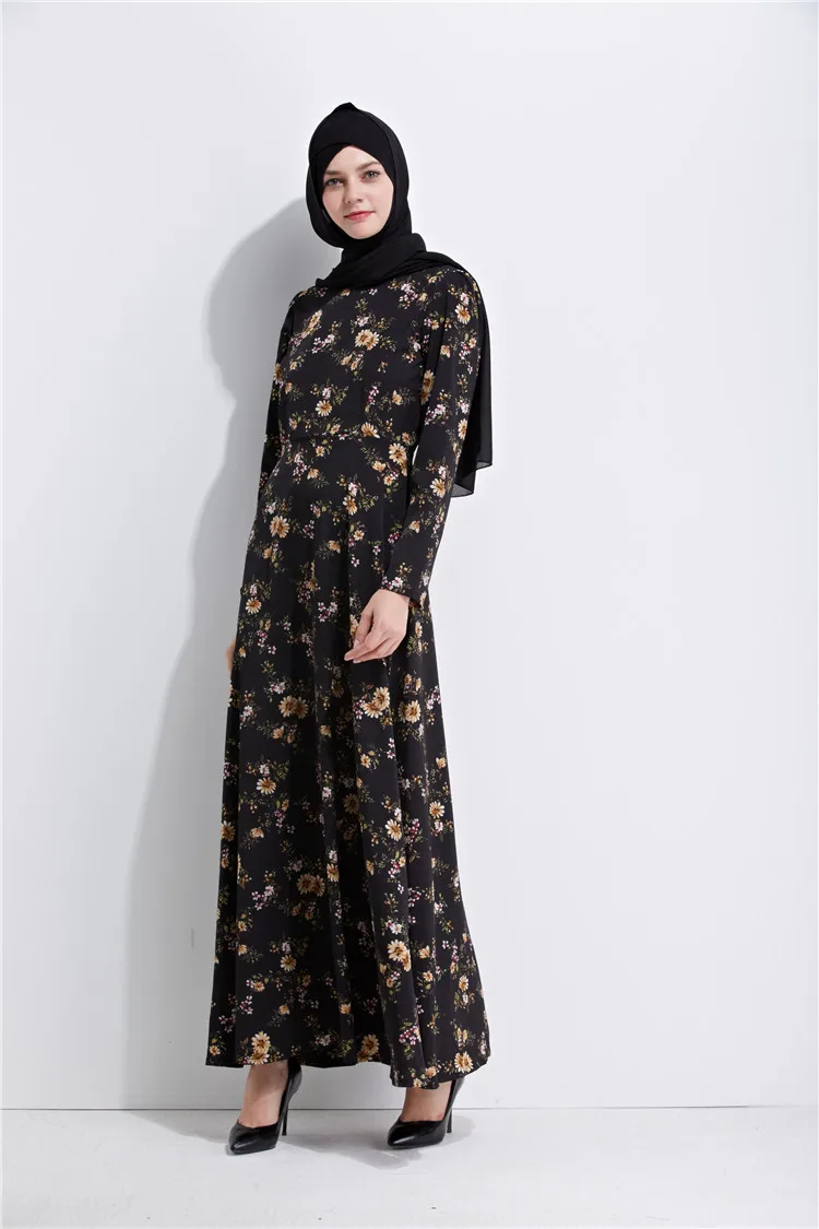 Женское мусульманское платье с цветочным принтом Abaya черное элегантное Кафтан из
