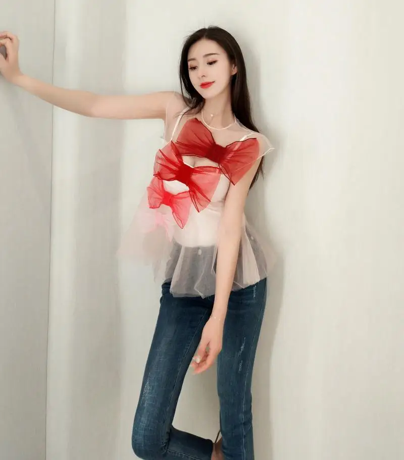 WHITNEY WANG блузки женские 2019 мода уличная Милая сетчатая блузка с бантом блузы