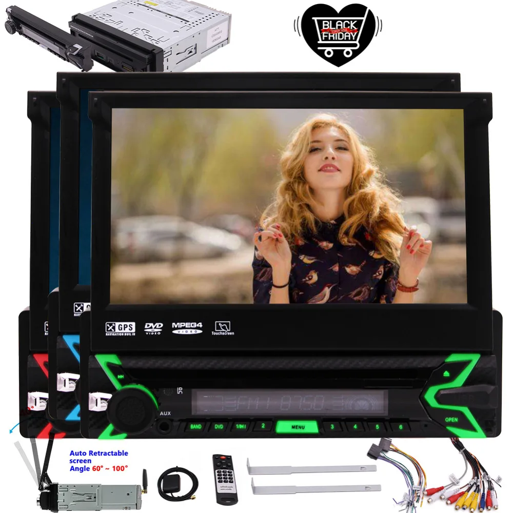 Single Din Car DVD Player Bluetooth GPS Navigator Digital Motorized Detachable 7" Inch Multi-touch Screen Head Unit FM/AM Radio
