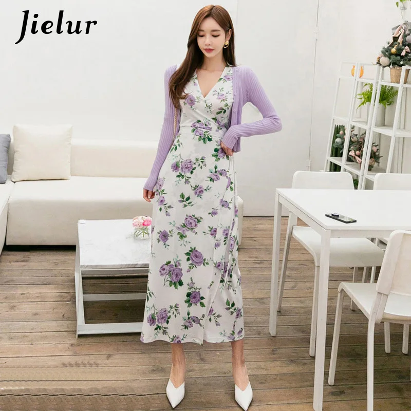 Белый Jielur, летнее женское платье с коротким рукавом,, корейское, с цветочным принтом, с поясом, повседневное, элегантное, платья, Boho, Пляжное, с высокой талией, Vestidos - Цвет: Белый