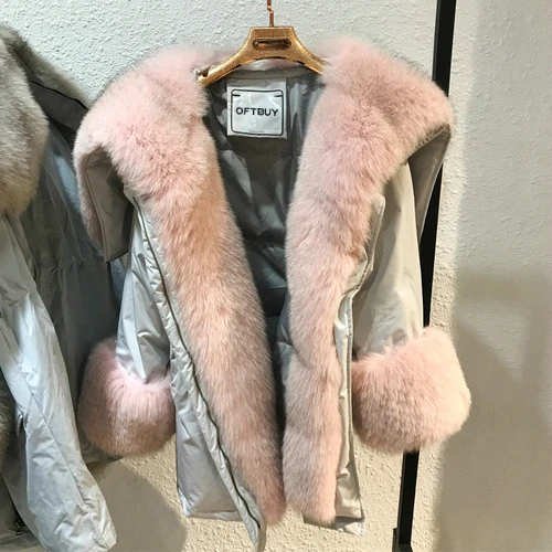grey pink fox fur Женская куртка-оверсайз OFTBUY, на утином пуху и с меховым воротником, зимняя парка с натуральным съемным мехом енота и лисы - Цвет: grey pink fox fur