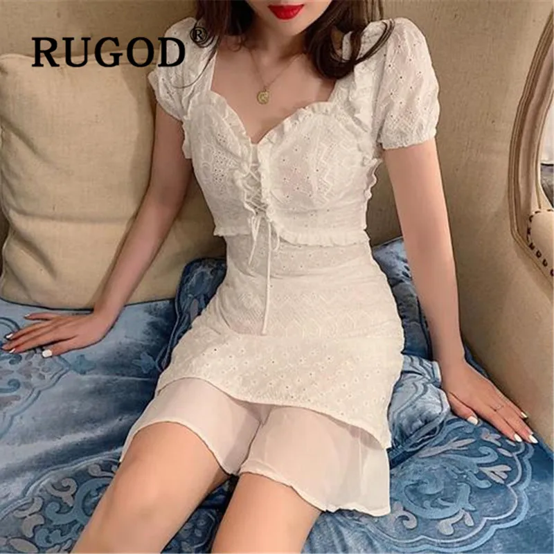 Женское кружевное платье RUGOD белое ажурное в Корейском стиле с пышными рукавами
