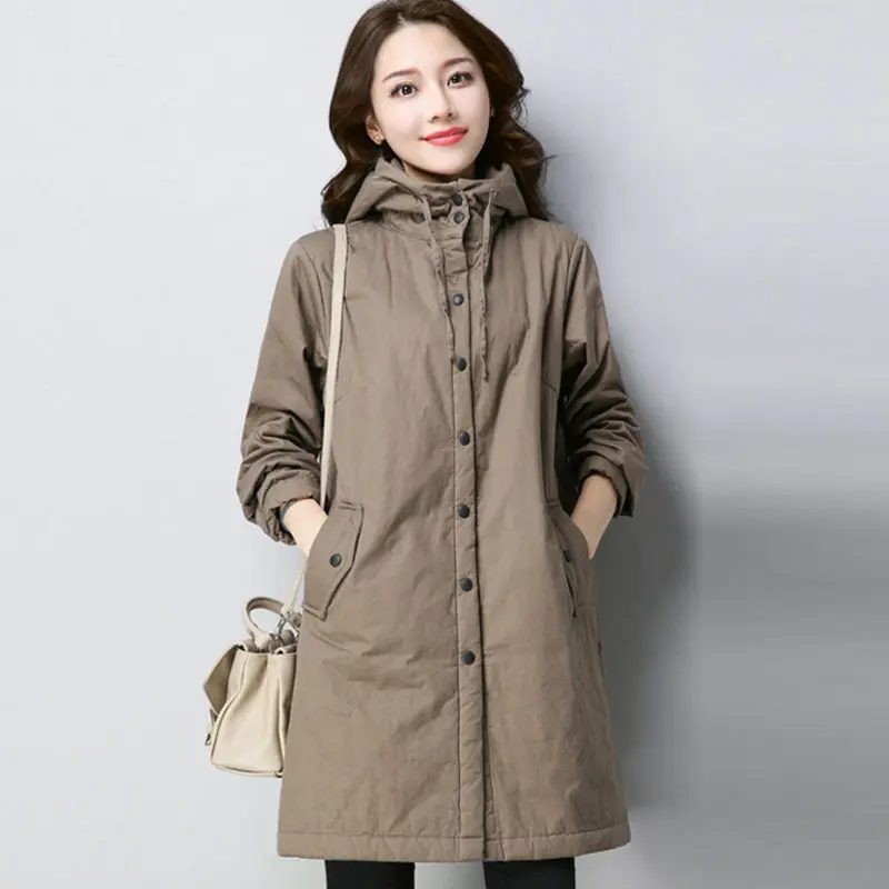 Winter Coat Female Hooded Casual Hooded Long Sleeve Loose Cotton Jacket Ladies Single-Beasted Women Thicken Parkas Outwear LQ396