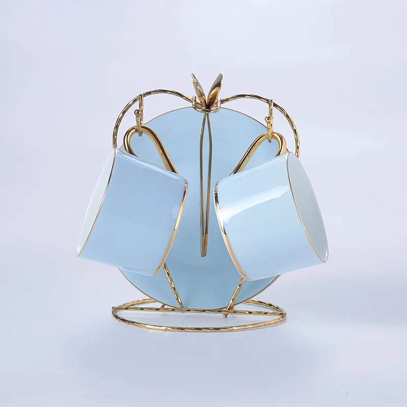 2Cups n Holder Золотой, синий, костяной фарфор, кофейный набор, роскошный фарфор, благородный чайный набор, расширенный горшок, чашка, керамическая кружка, сахарница, сливочник, чайная посуда - Цвет: 2Cups n Holder