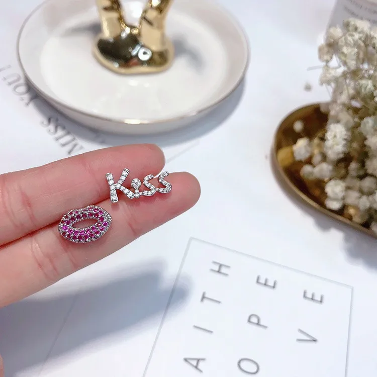 letter Kiss sexy lip asymmetric CZ earring 925 silver pin Hypoallergenic fadeless fashion jewelry stud earrings for women gift | Украшения