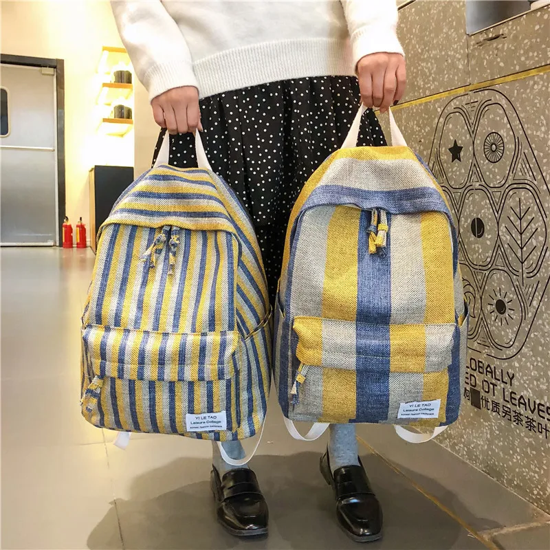 

1pc Yellow Blue Stripped Check Canvas Backpack Student Book Bag Travel Bag JS346
