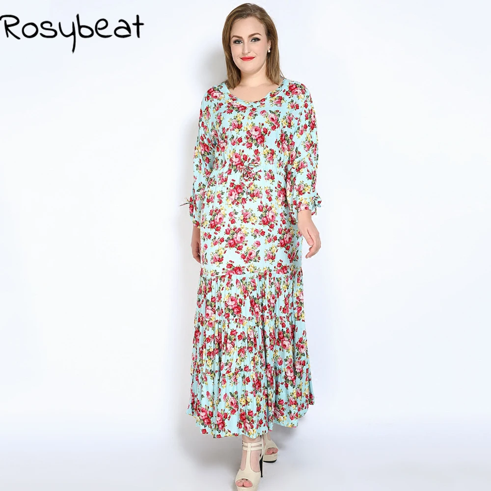 Rosybeat цветочный принт платья для женщин с длинным рукавом Макси длинное платье 4xl