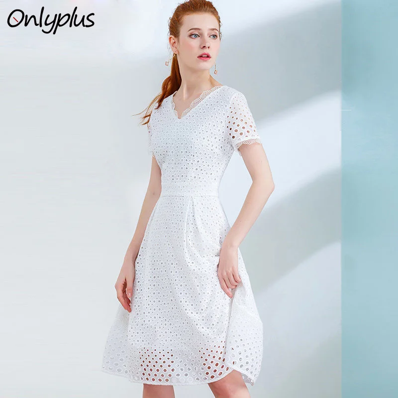 Onlyplus, S-XXL, белое кружевное Хлопковое платье с коротким рукавом, кружевные открытые платья для женщин,, тонкие элегантные вечерние платья в горошек