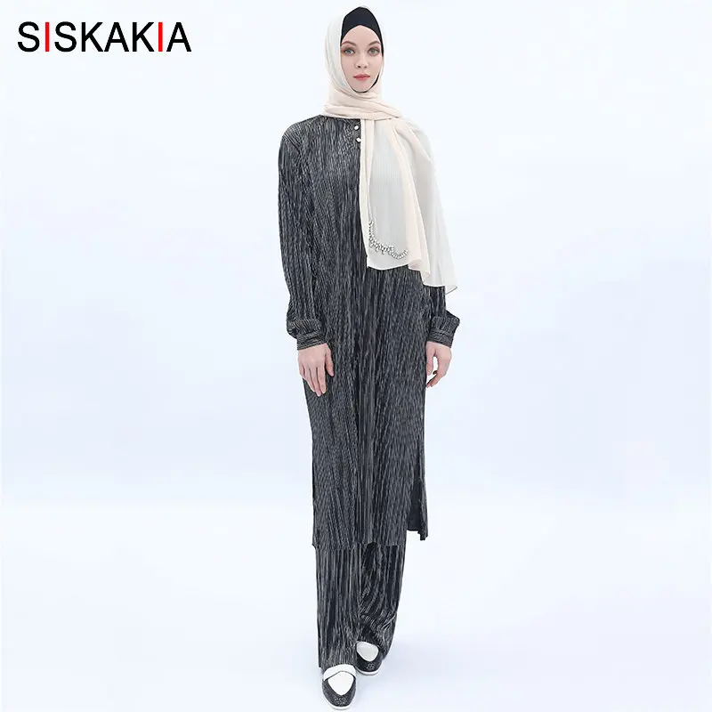 Siskakia/мусульманский комплект из двух предметов, малайзийский ислам, костюм, плиссированная Блузка+ длинные штаны, однотонный серый Baju Kurung, лето, новинка