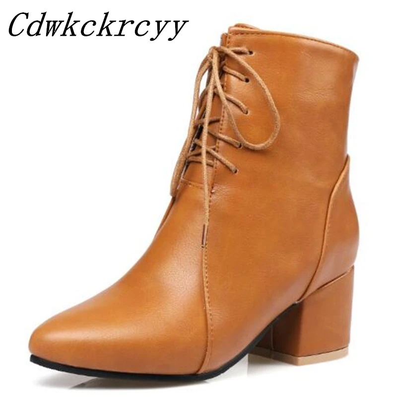 Women Boots Autumn and winter New style Low-heel Sharp head Anterior lace Short boots Keep warm women boots size 34-45