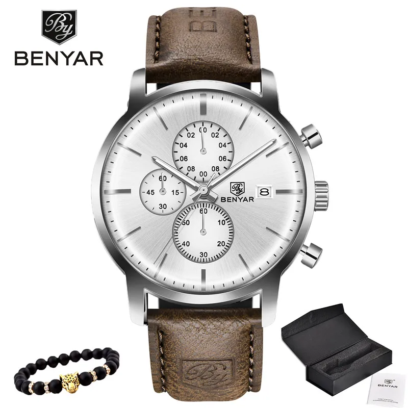 Coffee white Новинка, BENYAR, мужские часы, Повседневная мода, хронограф/30 м, водонепроницаемые/спортивные часы, мужские кожаные Наручные часы, мужские s Reloj Hombre - Цвет: Coffee white