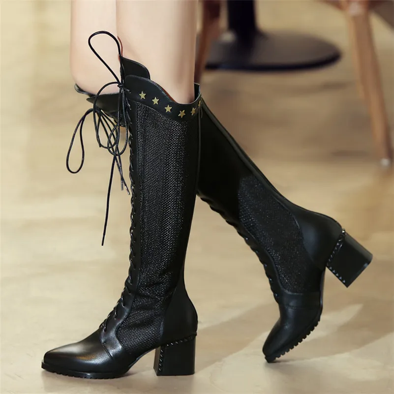 

FEDONAS New Arrival Fashion Women Back Zipper Cross-tied Knee High Boots Autumn Winter Sexy Genuine Leather Party Shoes Woman