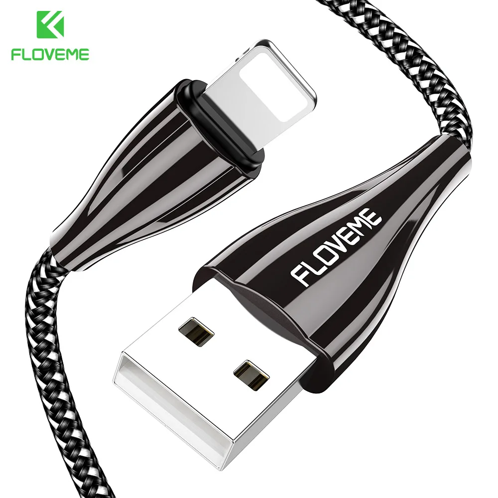 FLOVEME USB кабель для iPhone 8X7 Plus 9 6 6 S 5 S 5 SE 2.4A Быстрая зарядка оплетка из цинкового сплава зарядное устройство для мобильного телефона USB кабель для передачи данных - Цвет: Black