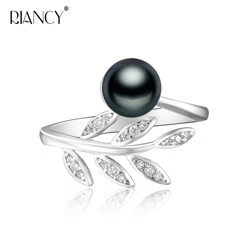black pearl ring Модное кольцо с натуральным пресноводным белым серым черным жемчугом, кольцо с листьями для женщин, Свадебные/вечерние, подарок - Цвет камня: black pearl ring