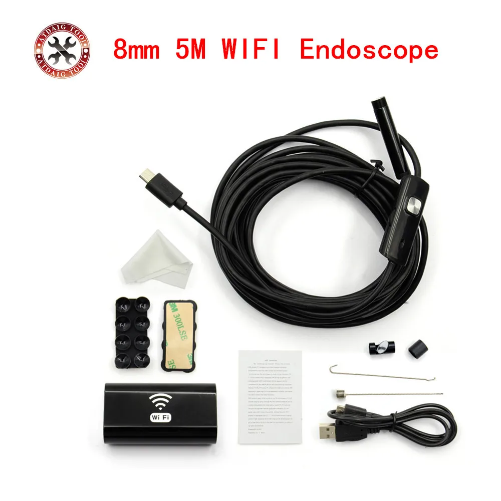Эндоскоп с объективом 8 мм и Wi Fi бороскоп гибкой USB трубкой для осмотра телефонов