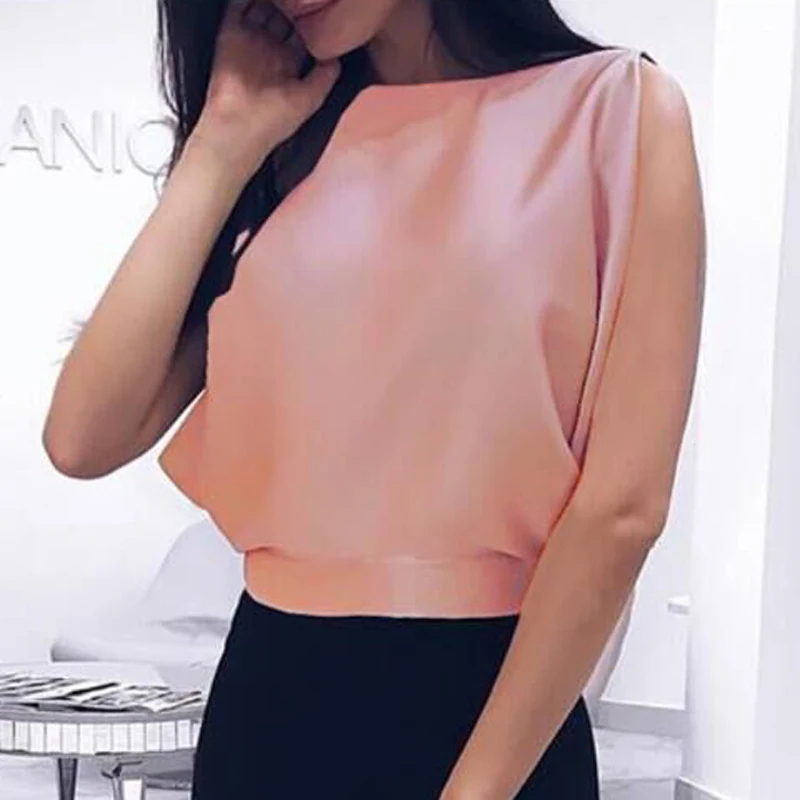 

ELSVIOS Women Backless Hollow Out Sweetly Silky Shirt 2019 Sexy Sleeveless Summer Blouse Casual O-Neck Female Lace Up Bow Blusas