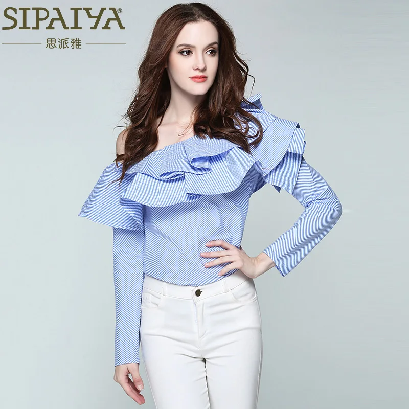 Женская блузка с одним плечом SIPAIYA 2017 рубашка оборками топы повседневная голубая