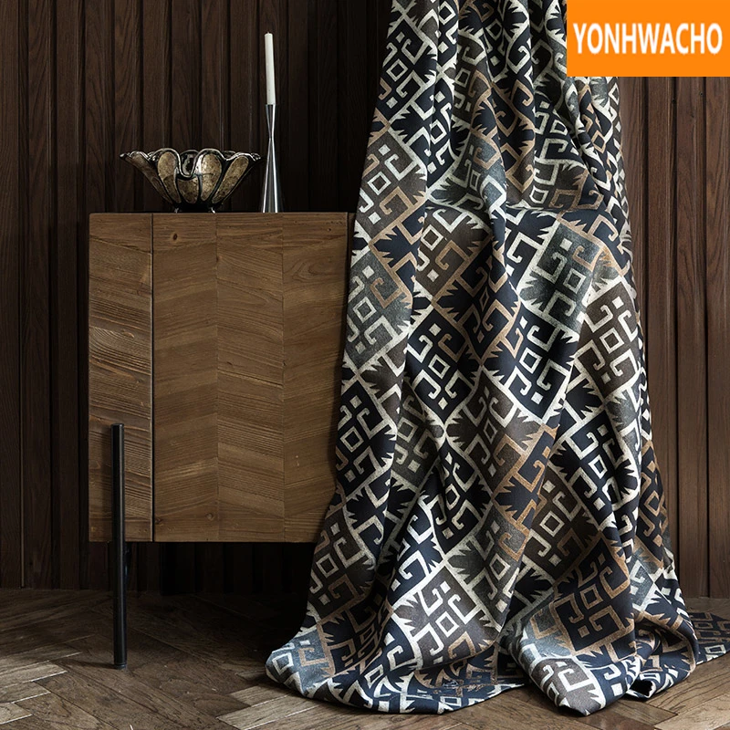 

Custom curtains American jacquard geometric Bay living room post-modern luxury velvet cloth blackout curtain tulle drape B114