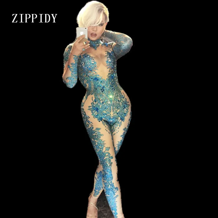 

Skinny Blue Crystals Jumpsuit Female Singer Dancer Stones Costume One-piece Bodysuit Nightclub Oufit Party Leggings