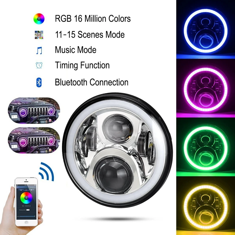 7 &quotсветодиодный фары лампы RGB Halo Ангел глаз с Bluetooth пульт дистанционного