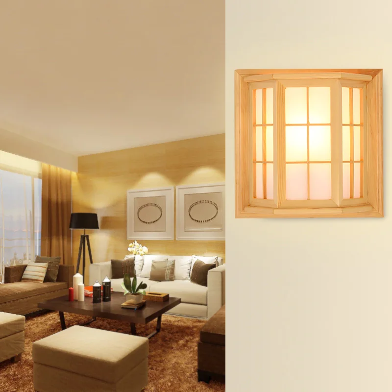Japanese Style Pine Camphor Wood PVC Crafts Wooden Window Frame LED AC 110/220V Aisle Wall Light Fixture luminarias para | Лампы и