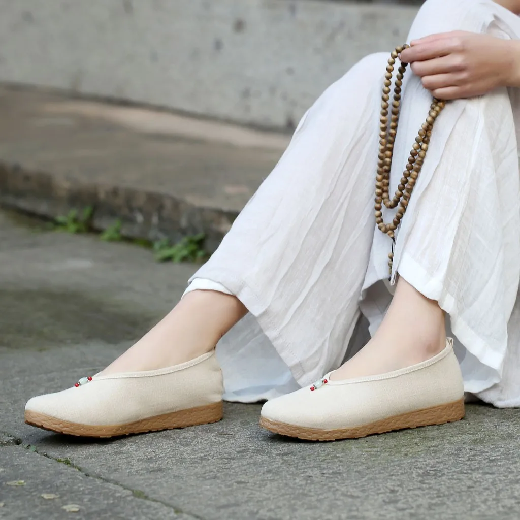 Women's national wind shoes Chinese style flat bottom wild cloth Shoes Leisure Round Toe Slip-On String Bead Hemp 2019 | Обувь
