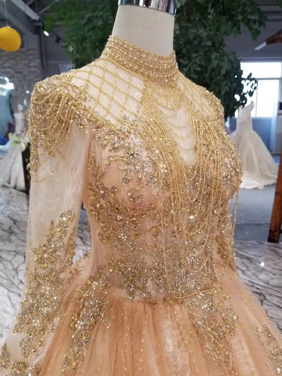 Dubai Luxury Crystal Prom Dresses With Sheer Full Sleeves 2019 Shiny Beaded Telass Grey High Neck Bridal Party Gowns | Свадьбы и