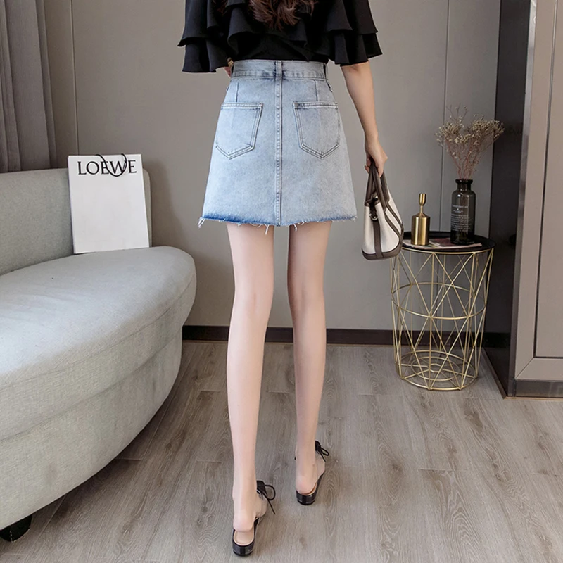 Светло синие горячие бурения Лоскутные Джинсовые юбки Femme 2019 Лето Уличная