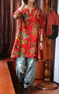 Акция Топы Плюс Размер винтажная хлопковая Свободная рубашка с v-образным