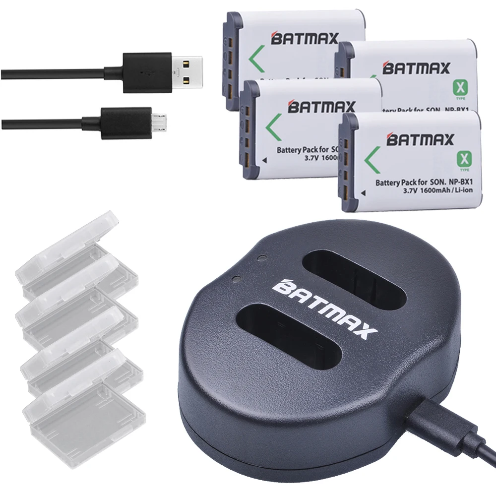 

Batmax 4 шт. 1600 мАч NP-BX1 NPBX1 NP BX1 батареи + двойное USB зарядное устройство для камеры Sony HDR-AS100v AS30 DSC-RX100 HX400 WX350