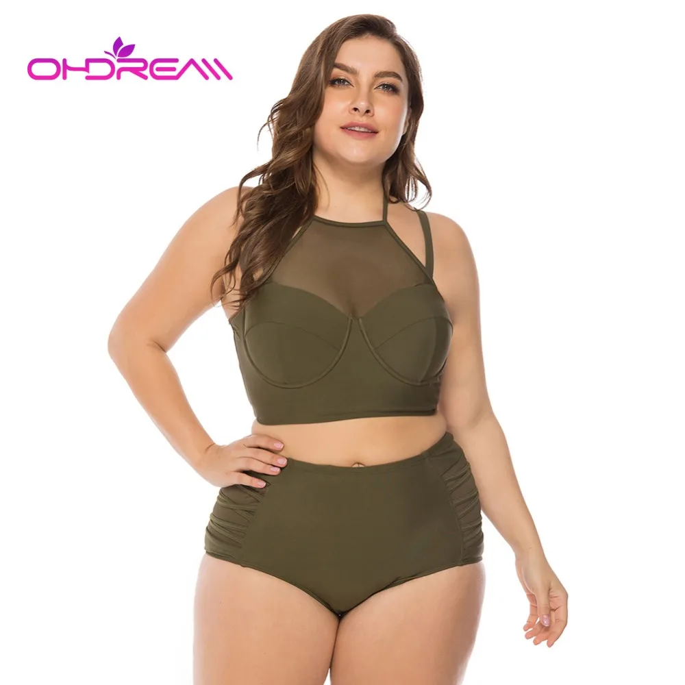 OHDREAM большой размер женское бикини две части купальник с сеткой Холтер шея на