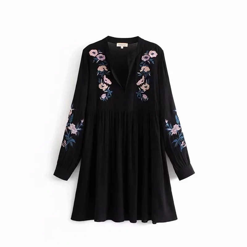 BOHOFREE/осеннее платье с длинными рукавами и глубоким вырезом Boho цветочной вышивкой