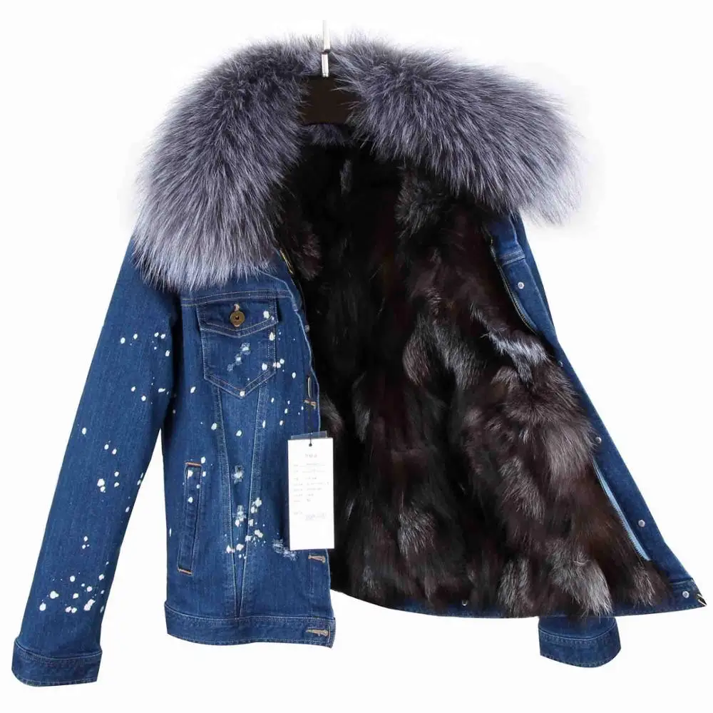 dark denim grey fur MaoMaoKong, Женское зимнее пальто, большой воротник из меха енота, джинсовая подкладка из натурального Лисьего меха, верхняя одежда, брендовые стильные парки - Цвет: dark denim grey fur