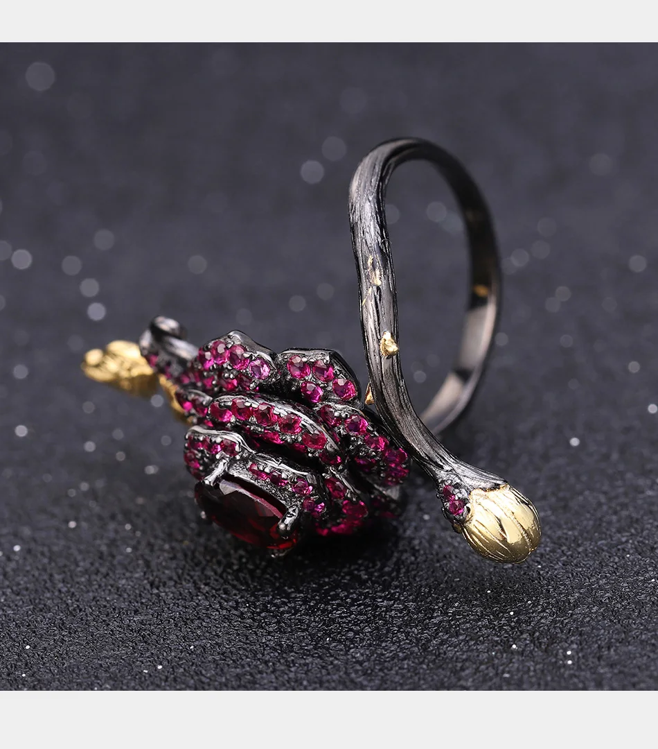 GEM'S балетное 925 пробы серебро 1.00Ct натуральный родолит гранат роза цветок Открытое кольцо ручной работы регулируемое кольцо для женщин Bijoux
