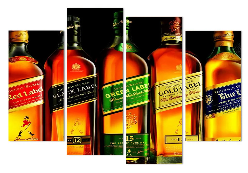 4 панели Холст Картина Johnnie Walker на холсте виски домашний Декор печать плакат