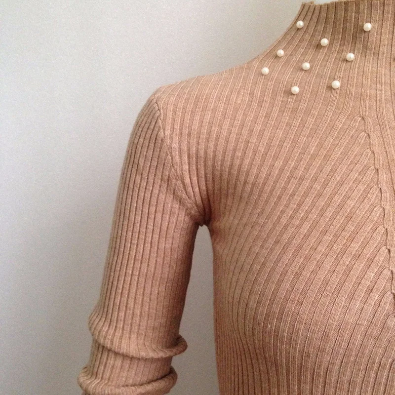 

Women Winter Knitted Sweater Pullovers Autumn O-Neck Pearl Beaded Long Sleeve All-match Elastic Sweater 2019Fashion Slim Sweater