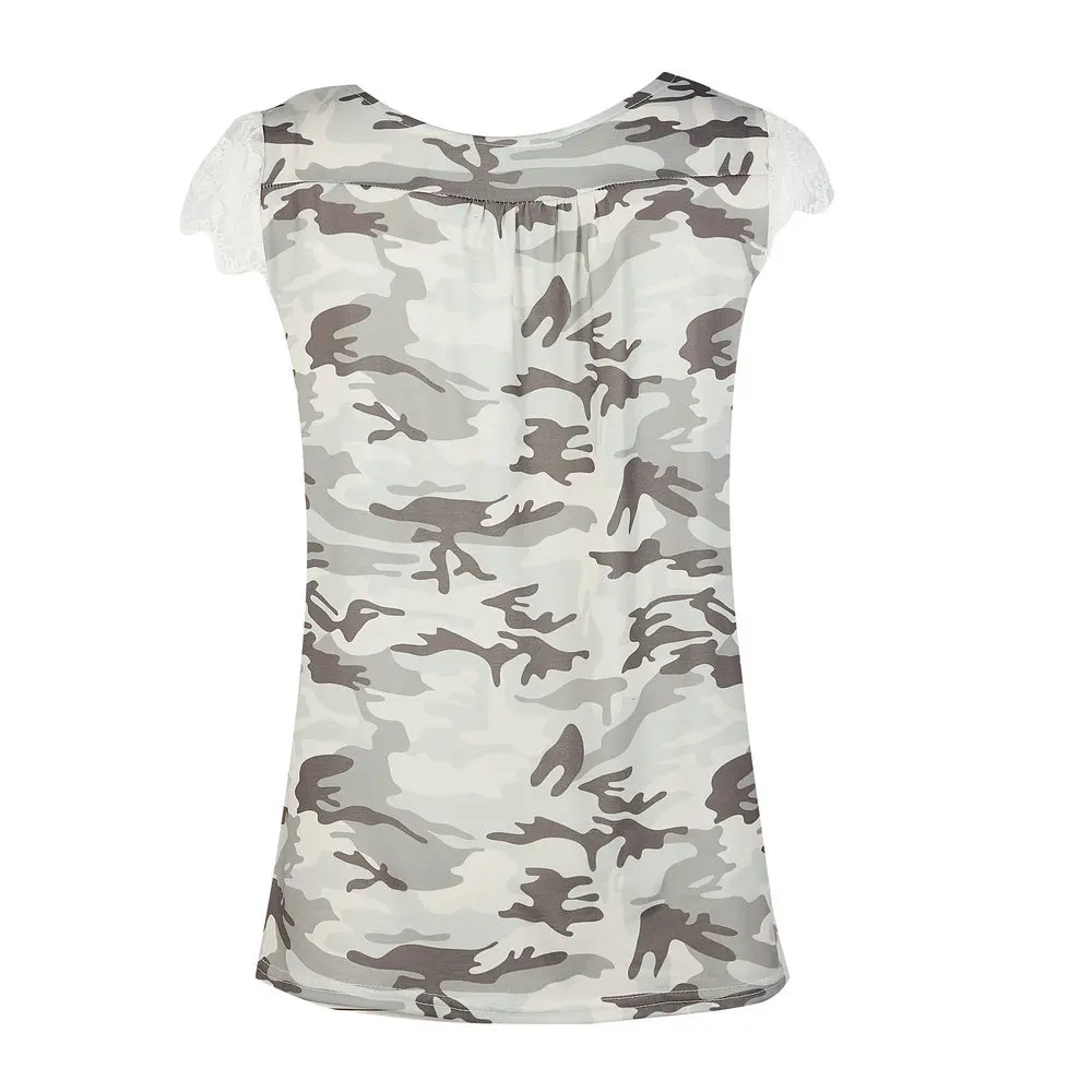 Elegant V Neck Lace Patchwork Camouflage Up Tee Top 2019 Summer Women Clothes Casual Slim Fashion Tees Female | Женская одежда