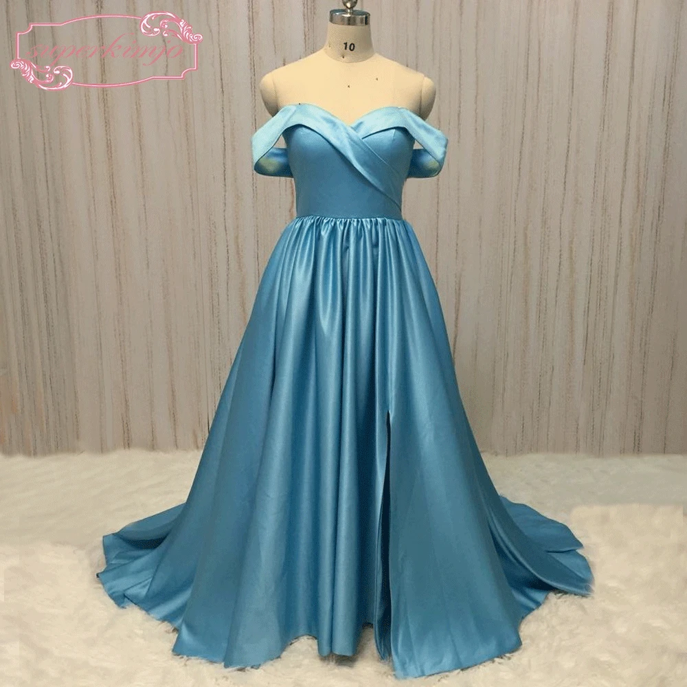 

SuperKimJo Casamento Off the Shoulder Prom Dresses 2020 Sweetheart Neckline A Line Satin Blue Prom Gown Vestido Longo