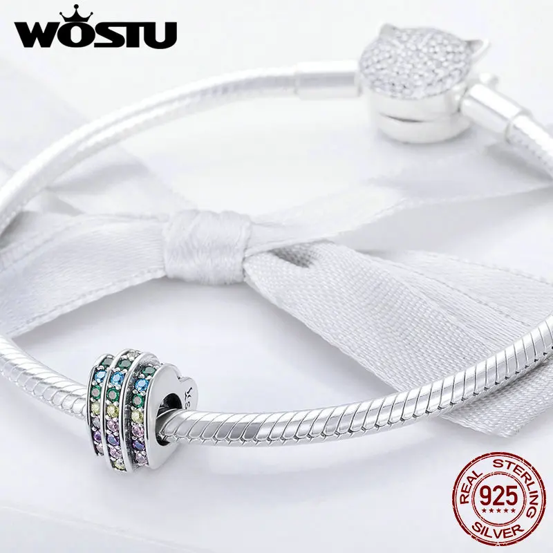WOSTU бренд Аутентичные 925 пробы серебро Радуга Сердце Красочные CZ Шарм подходят оригинальные бусины браслет ювелирные изделия подарок CQC725