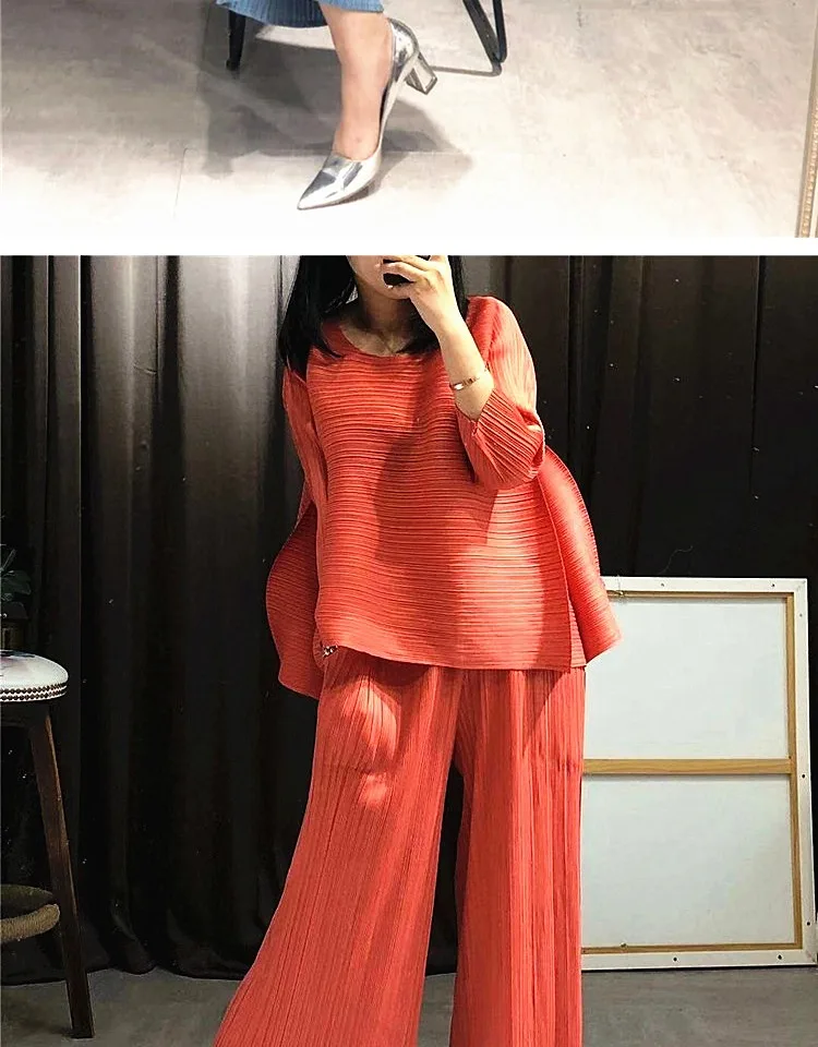 Changpleat свободные женские комплекты Miyak плиссированные модные однотонные свободные штаны и футболки из двух предметов женские костюмы плюс Размеры прилив