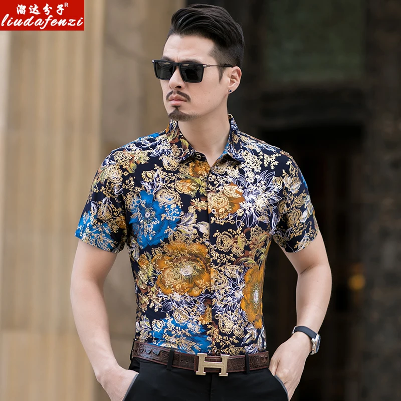 Summer Men's Leisure Individuality Printed Brilliant Coloured Short-sleeved Shirts Large-size Colored Trend | Мужская одежда