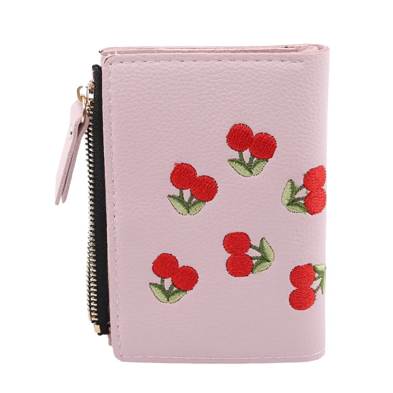 light pink Модный женский маленький короткий кошелек из искусственной кожи с вышивкой вишни, кошелек для монет, держатель для карт, мини кошелек для девушек - Цвет: light pink