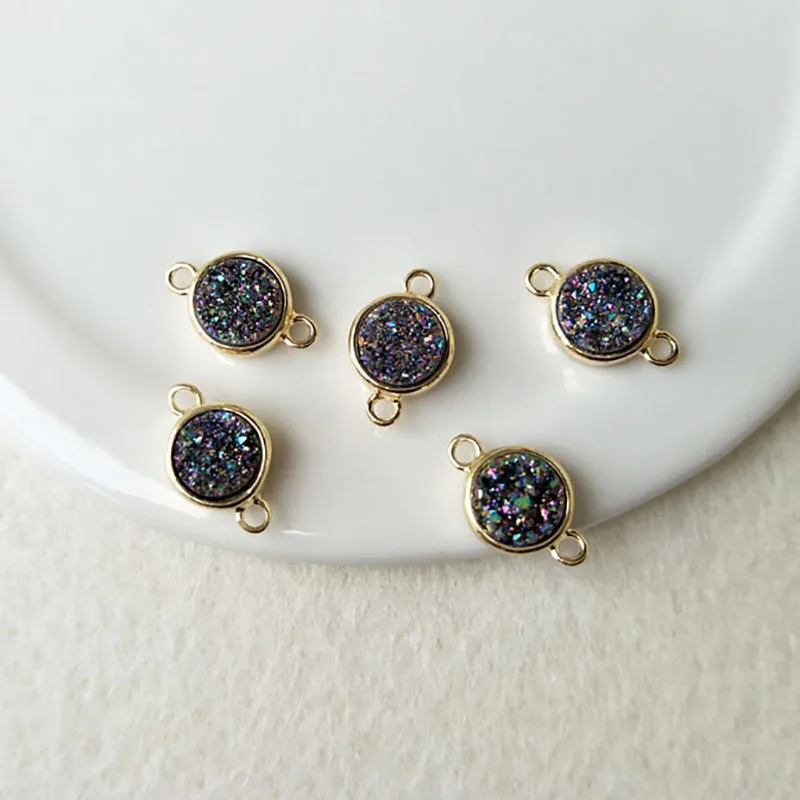 

10pcs Gold Plated round Agate Druzy Geode Pendant Charms Connector Double Bail DIY Making Bracelet necklace Jewelry CT86