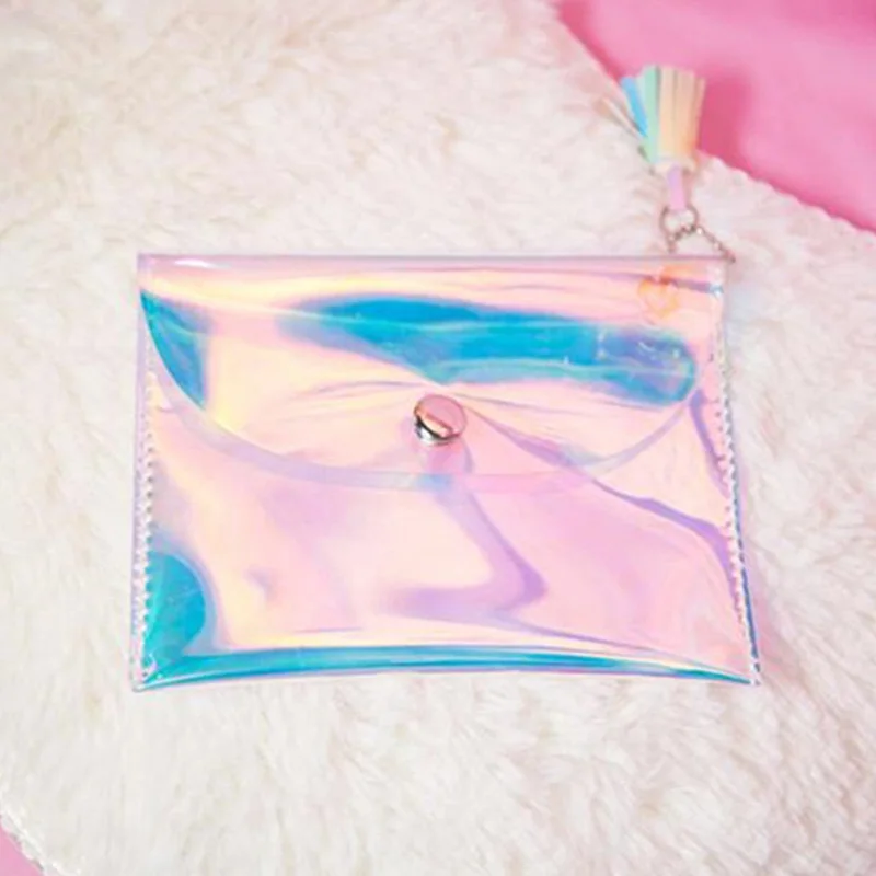 1Pc Colorful Laser Women Mini Bags Tassel Purse Press Buckle Transparent Makeup Envelope Wallet Clutch Handbag | Багаж и сумки
