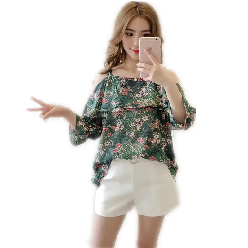 

Женская шифоновая блузка с рукавами-фонариками и открытыми плечами