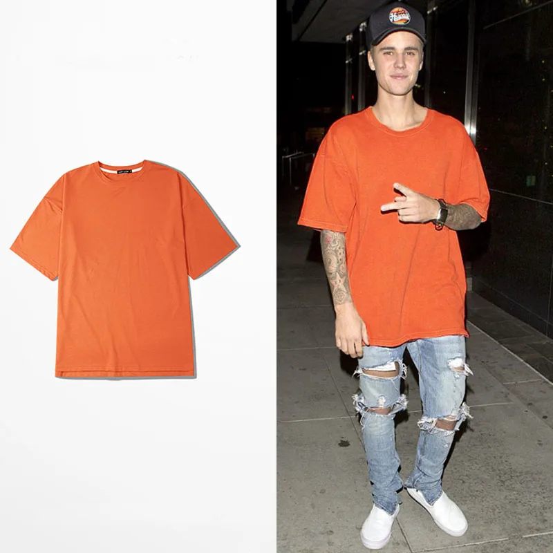 Джастин Бибер Футболка Лето Orange Half Рукав 100% Хлопок Бедра-хоп Майка Твердые Tyga Homme