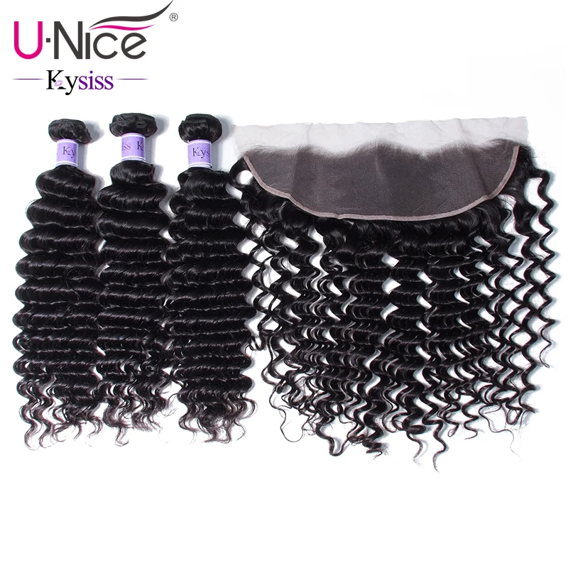 UNice Hair 8A Kysiss Series Malaysian Virgin Bundles With Lace Frontal 4 PCS Deep Wave Human Extension Natural Color | Шиньоны и парики