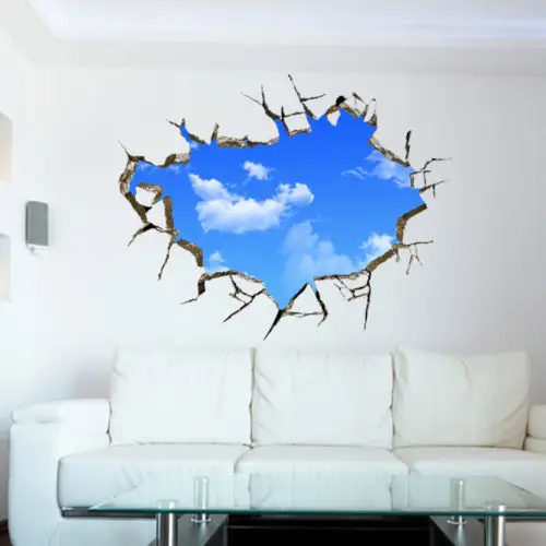 3D Blue Sky Сломанной Стены Стикера Настенной Росписи Искусства Этикеты Винила Декор