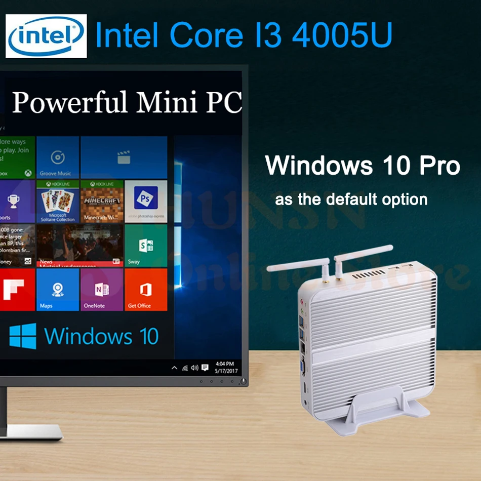 Безвентиляторный мини ПК, Intel Core I3 4005U, Windows 10/Ubuntu, серебристый, [HUNSN BM01L],(WiFi/1HD/1VGA/4USB3. 0/2USB2. 0/1LAN